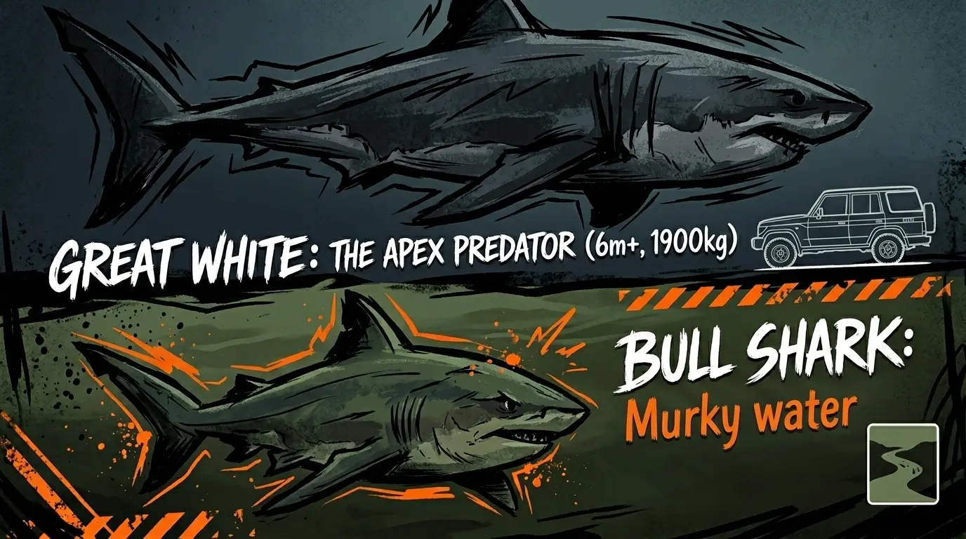 Image of a great white shark and a bull shark