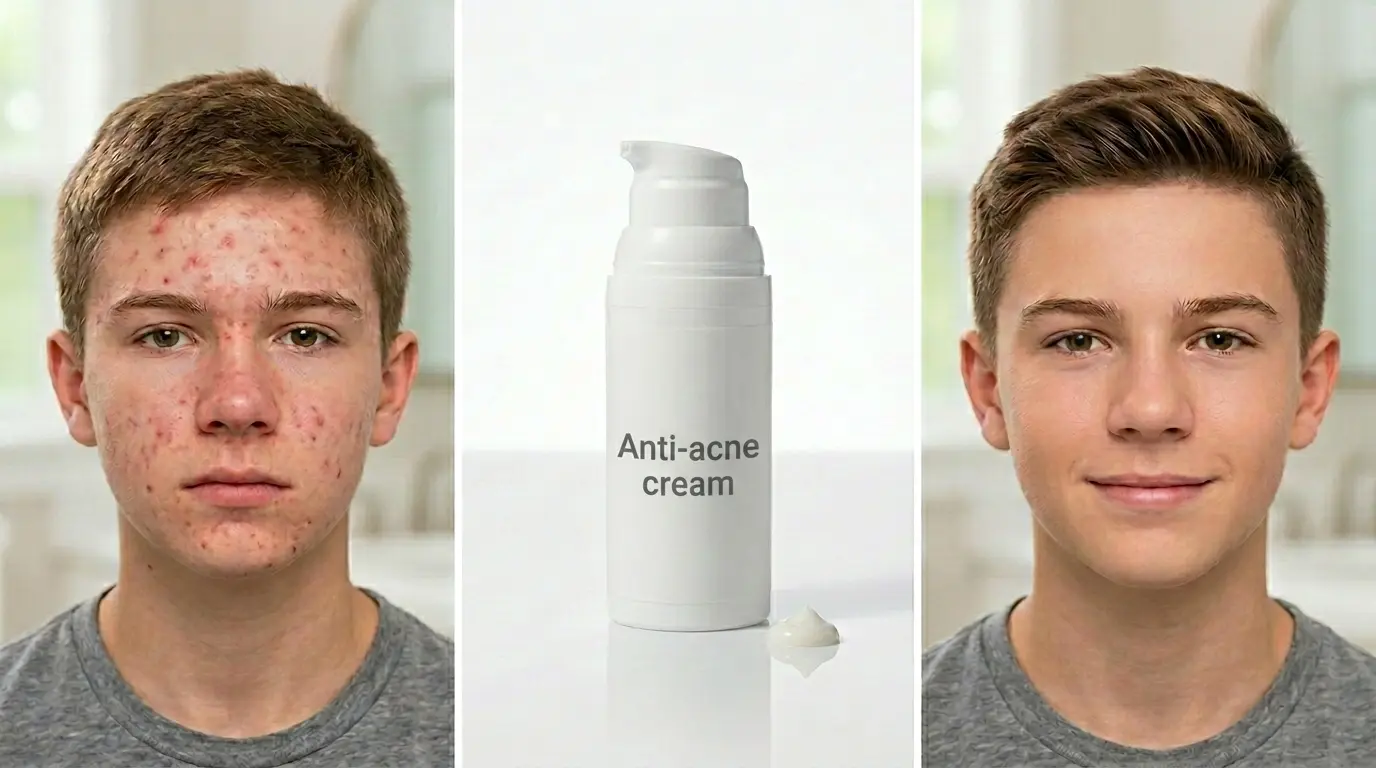Teenage boy split screen. One with acne one without. Acne cream in the middle.