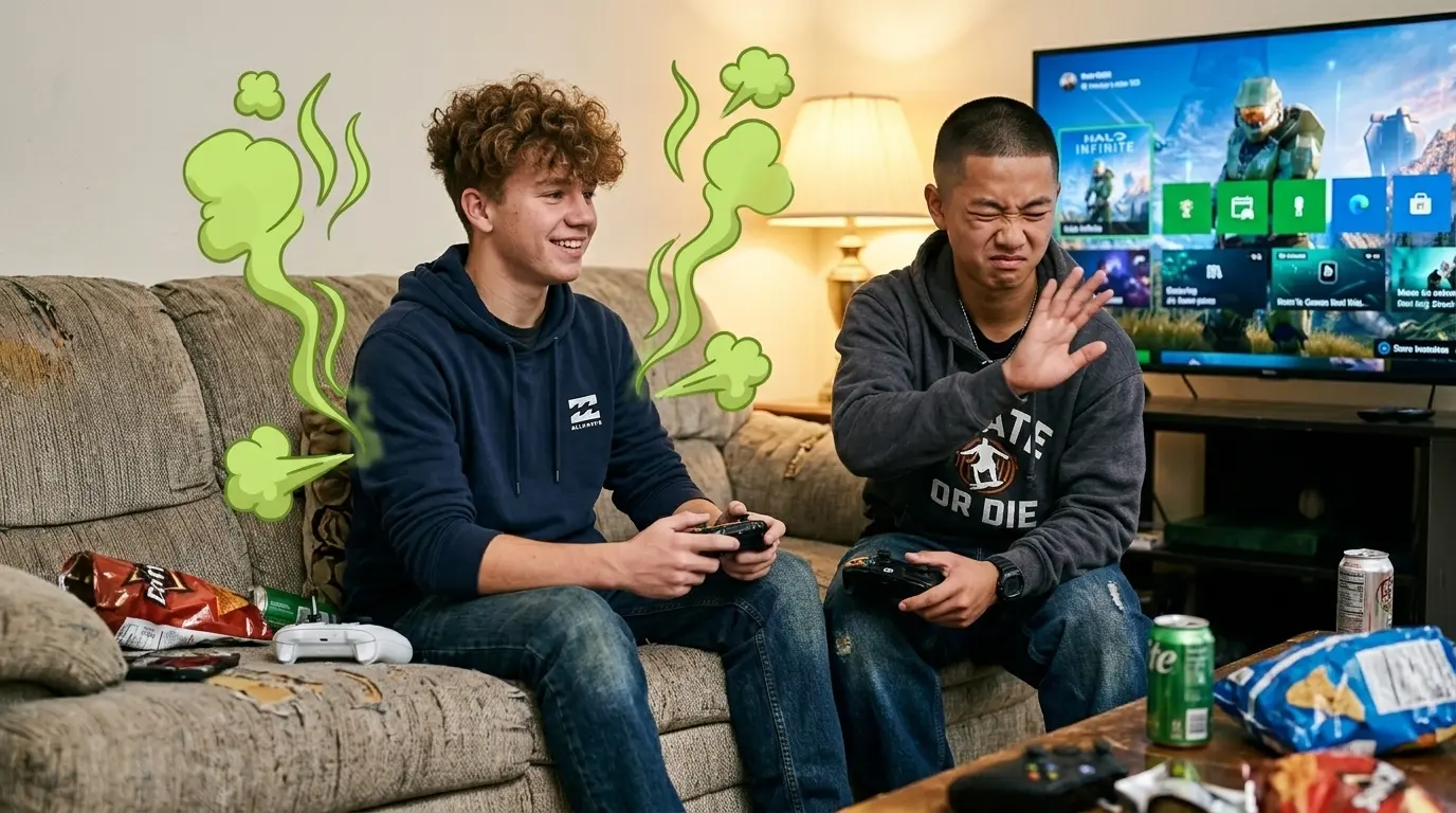 Two teen boys on a couch. One has bad body odour.