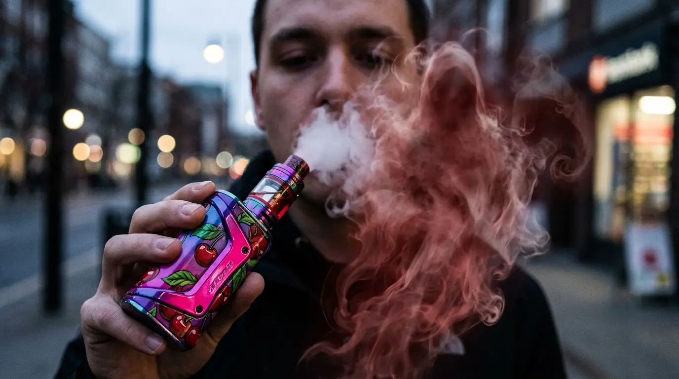 Teenager smoking a cheery vape. Grim reaper in the smoke.