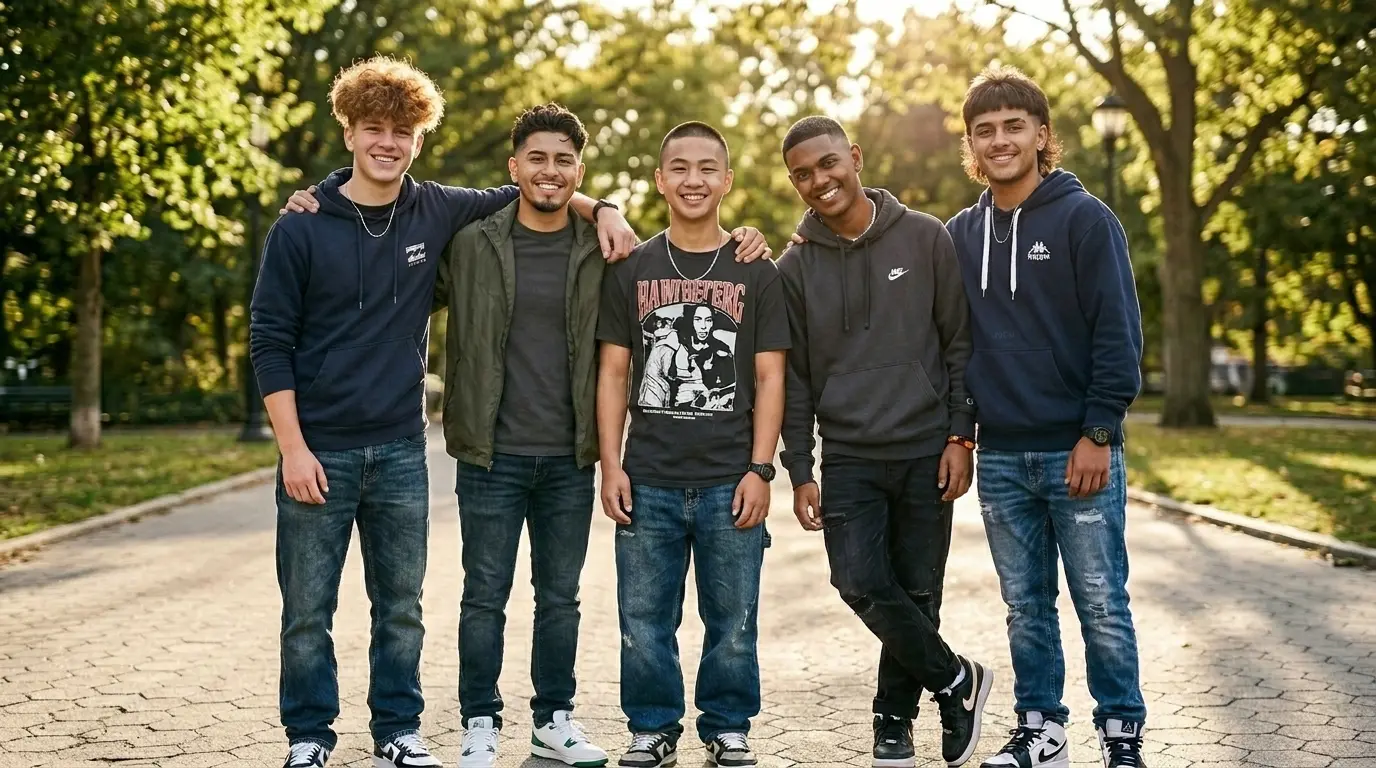 Five teenage boys standing together. Each has a different hairstyle.