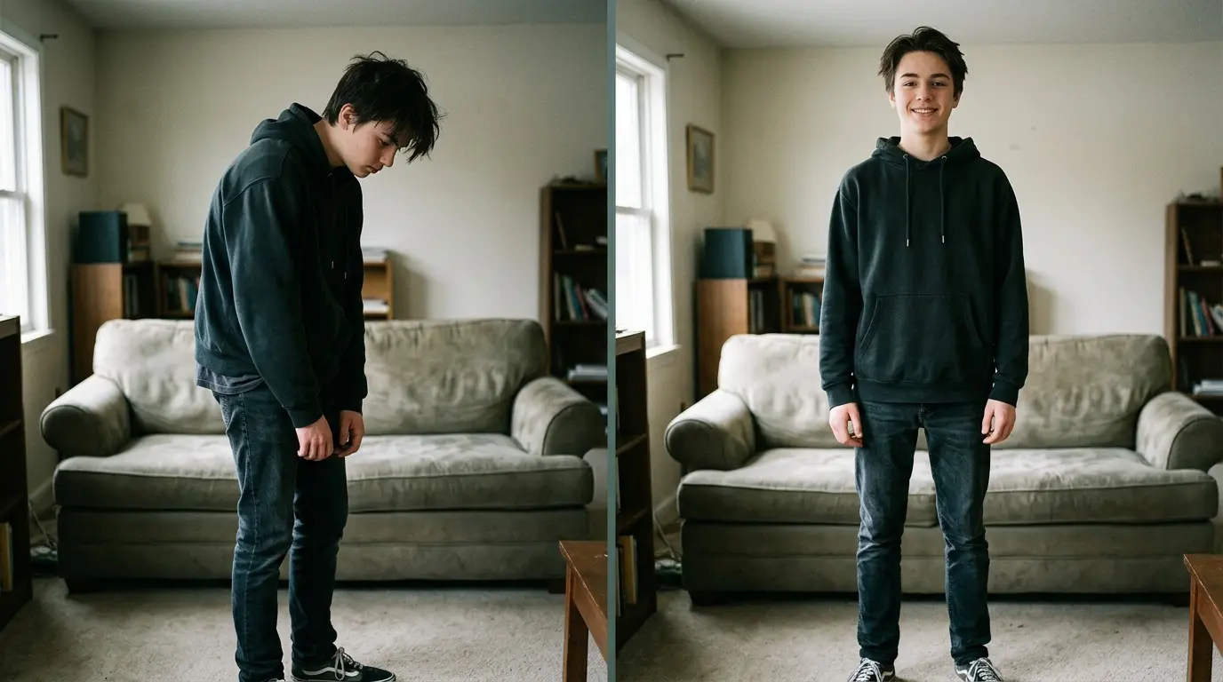 Teenage boy in two poses. One with good posture and one with bad.