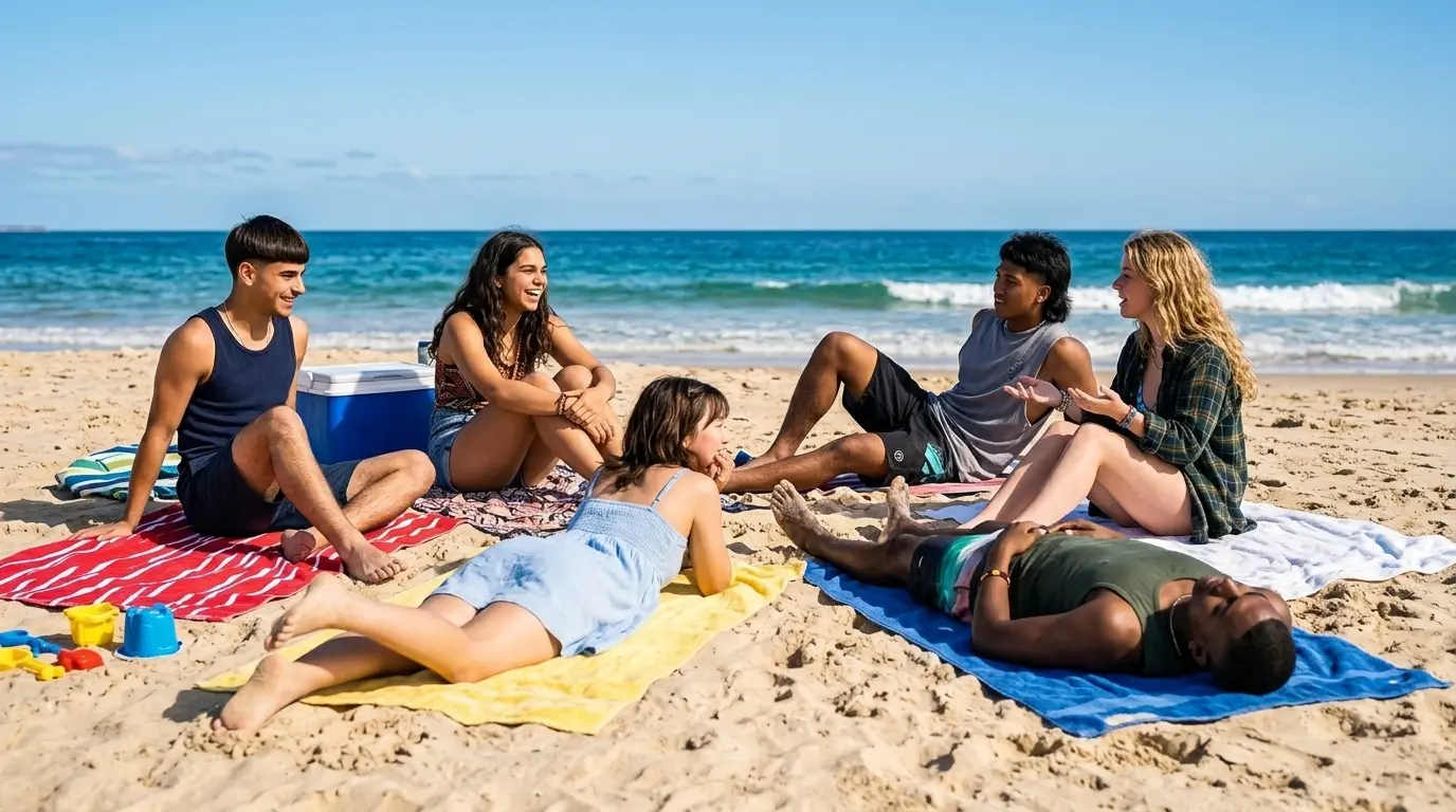 Group of teenagers on a sunny beach.