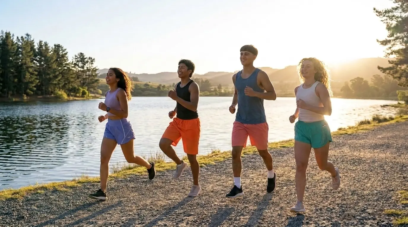 Group running in early sunlight.