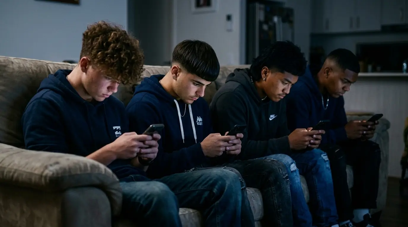 Teens hunched over smart phones.