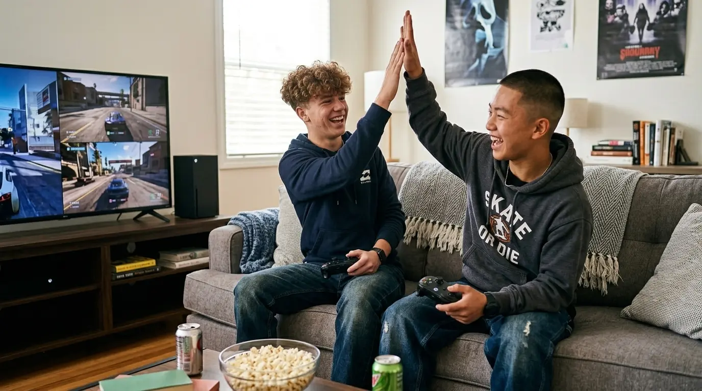 Two teen boys sitting on the couch high-fiving. No body odour