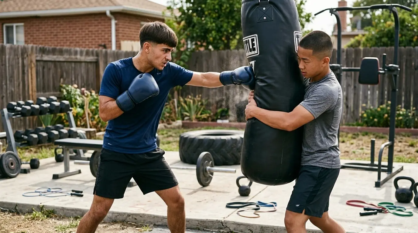 Two teenage boys. One is punching a boxing bag. The other is holding it.