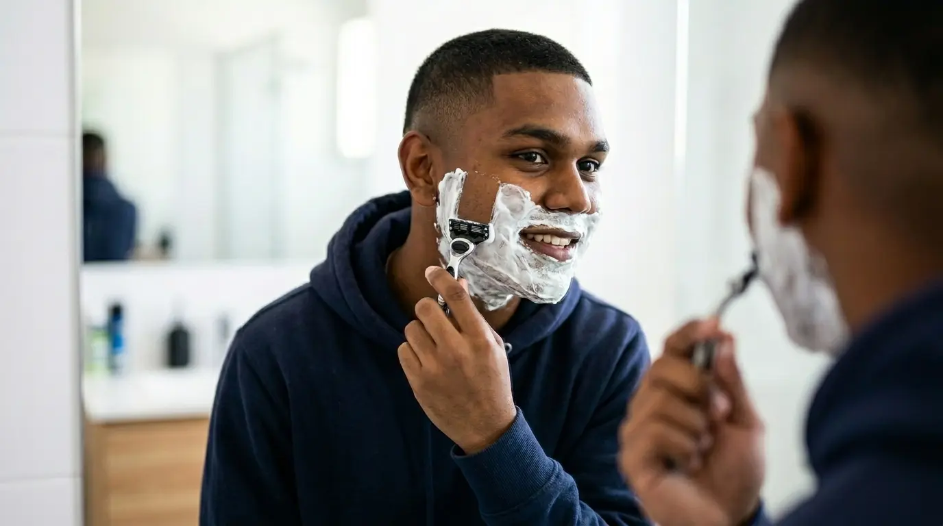 teen boy shaving with a razor.