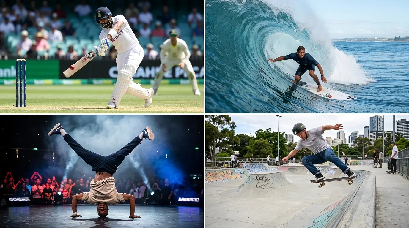 A shot of four short sportman. Cricket, surfing, breakdancing and skating.