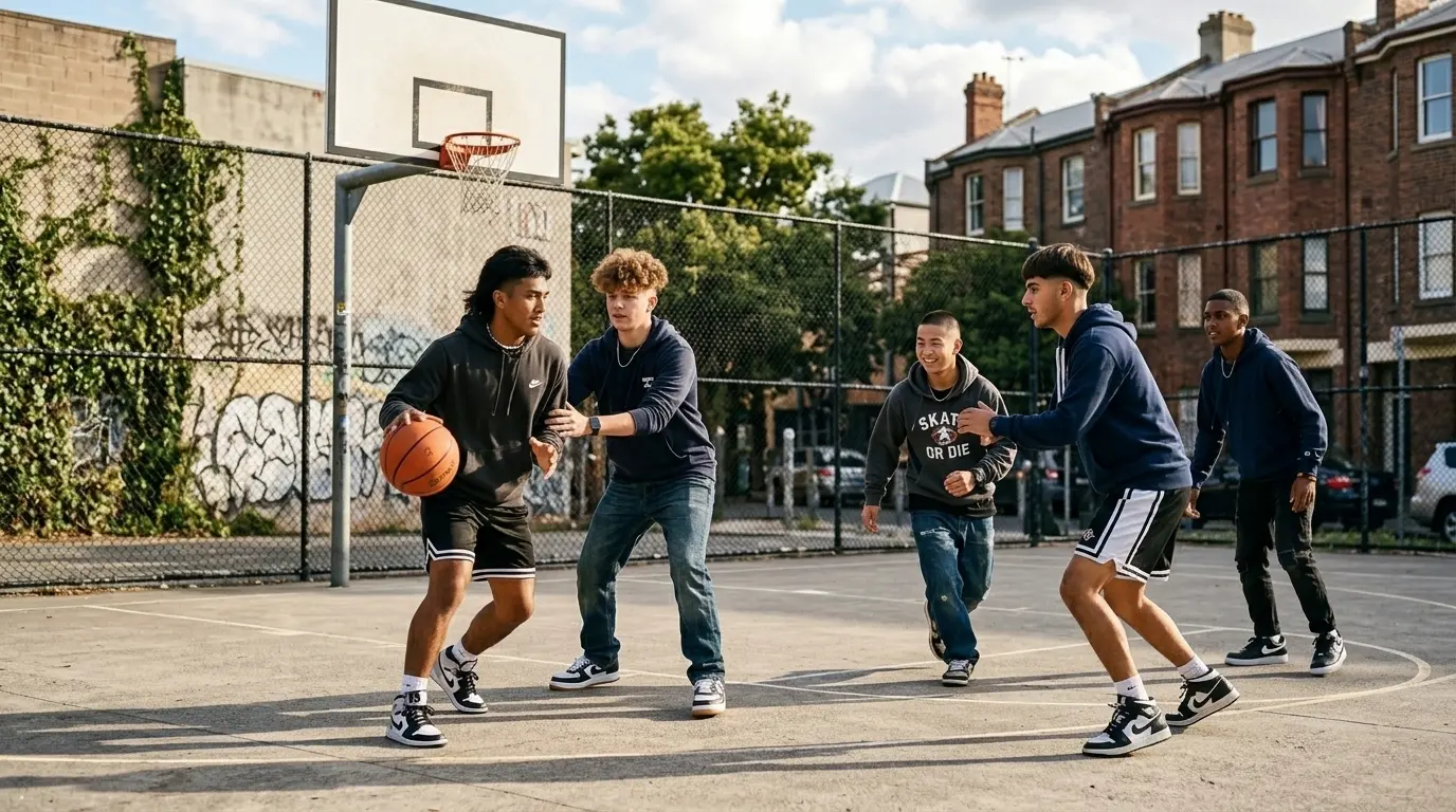 Teens playing basketball.