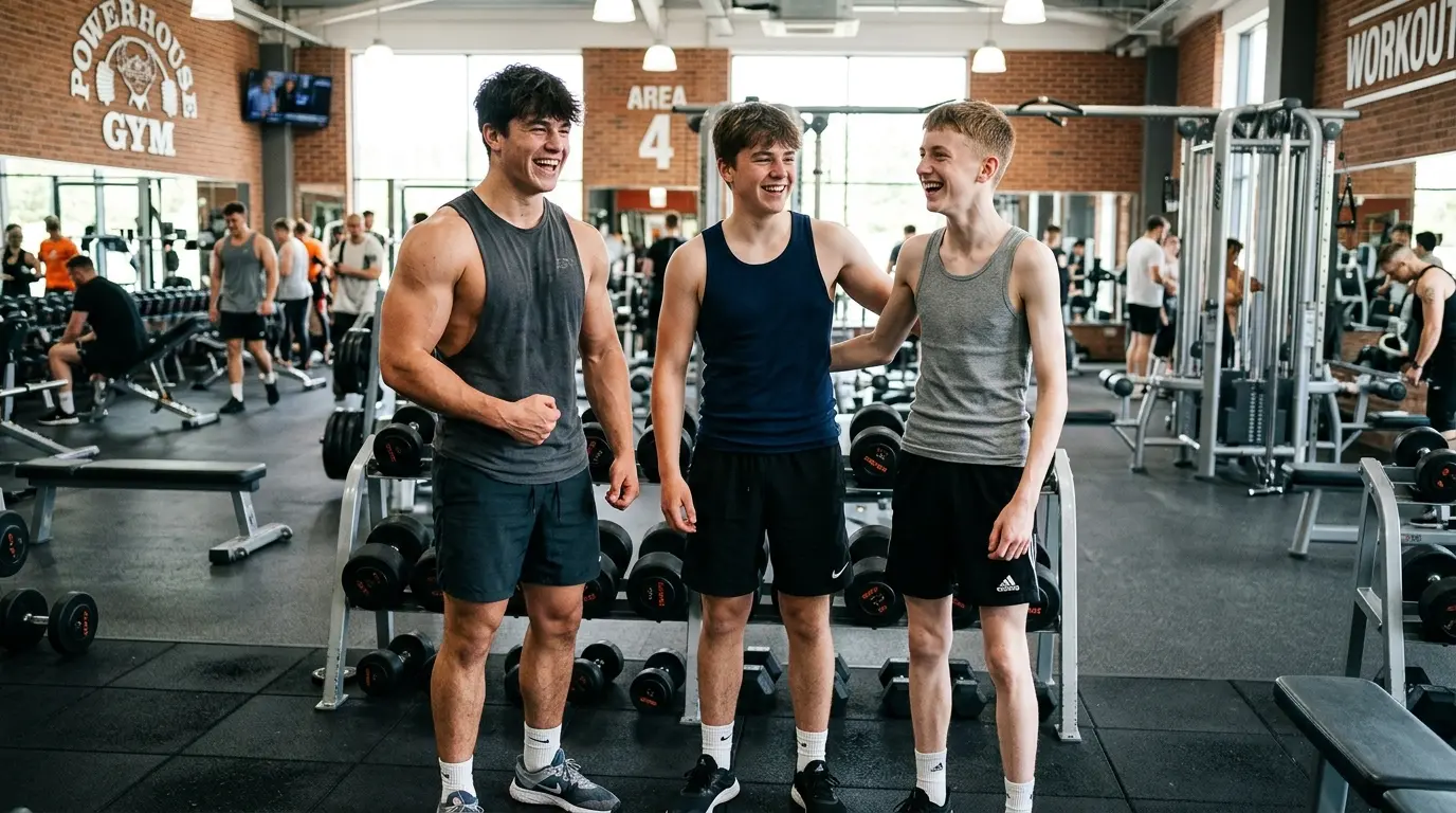 Three teenage boys standing at the gym. One is much bigger than the others.