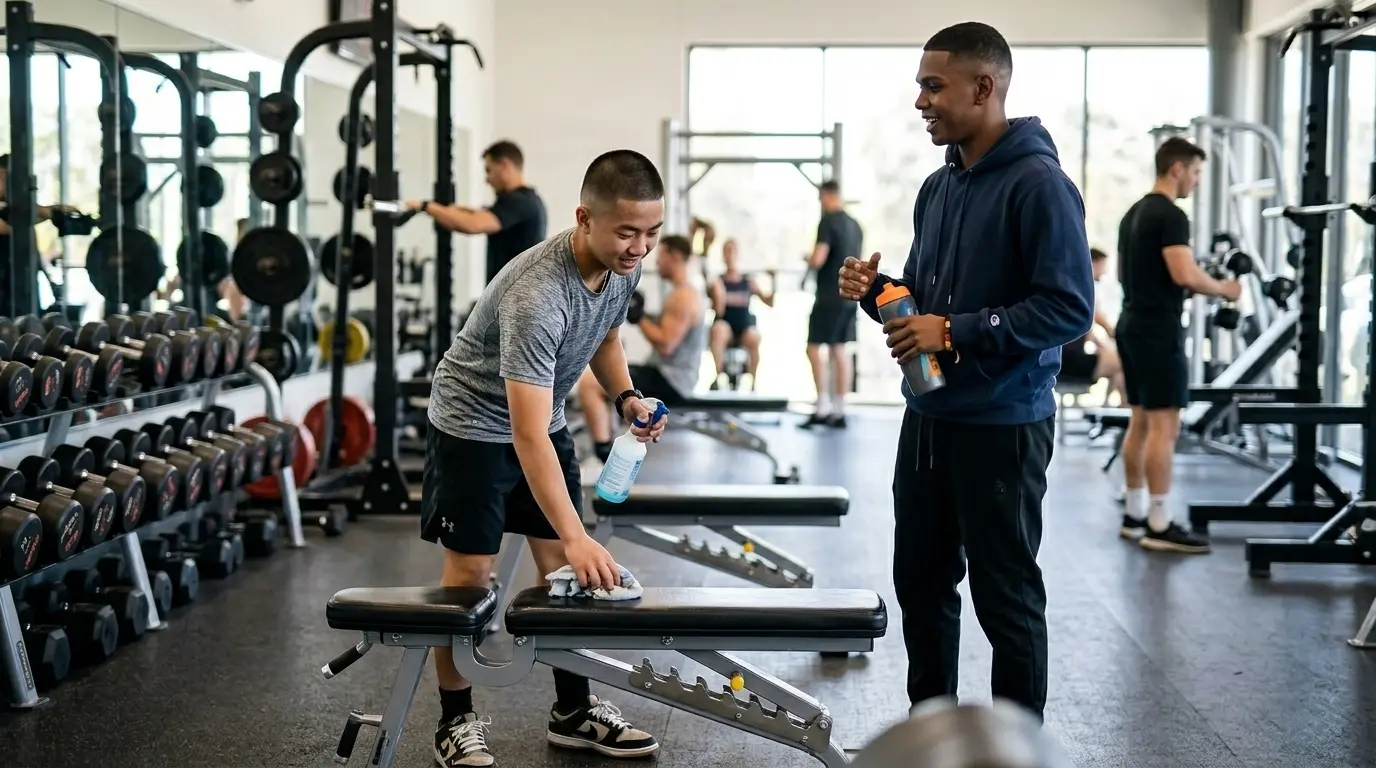 Teen boy wiping down bench press.