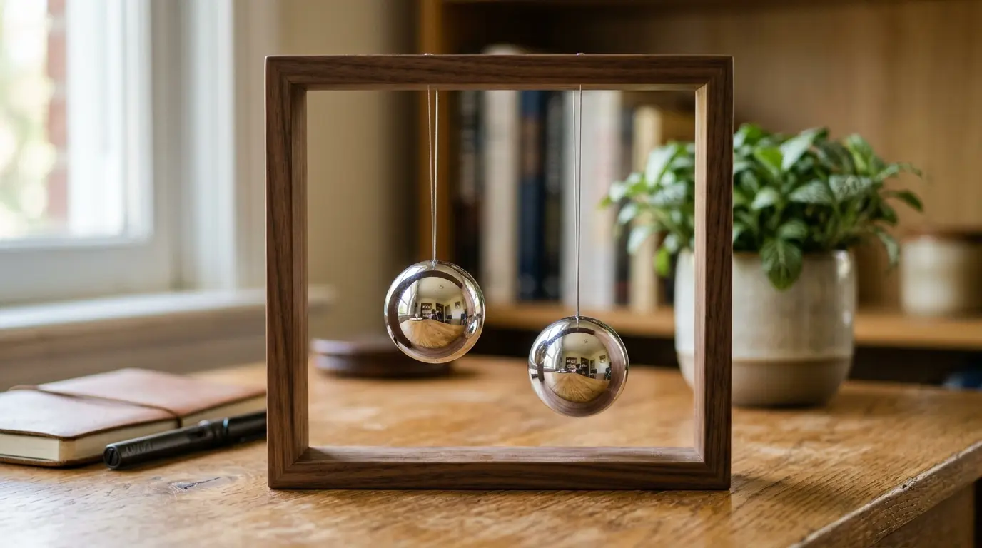 Two metal balls hanging. One is lower than the other.