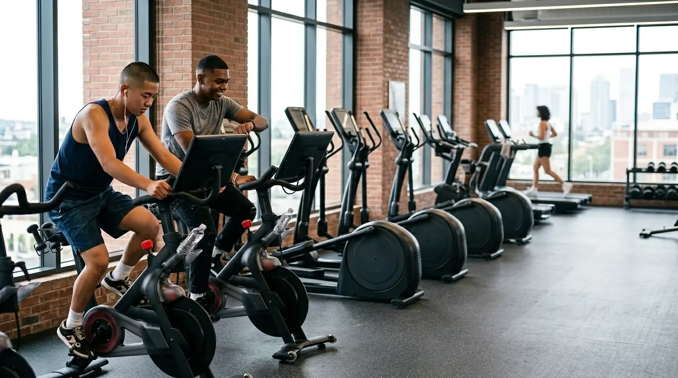 Two guys working out giving space to the girl.