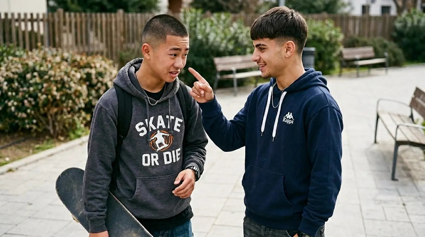 Two teenage boys. One is pointing out his friend has a booger.