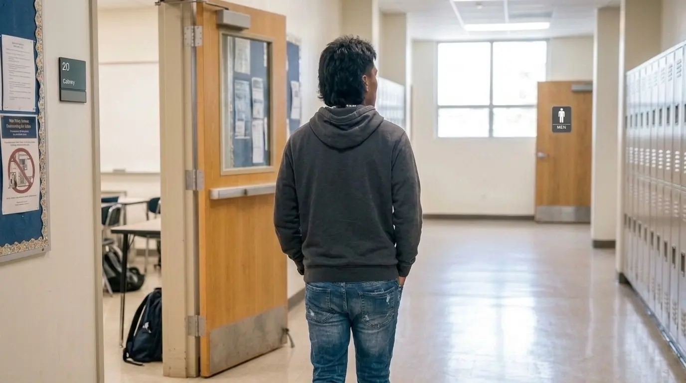 Teenage boy walking to the bathroom from class.