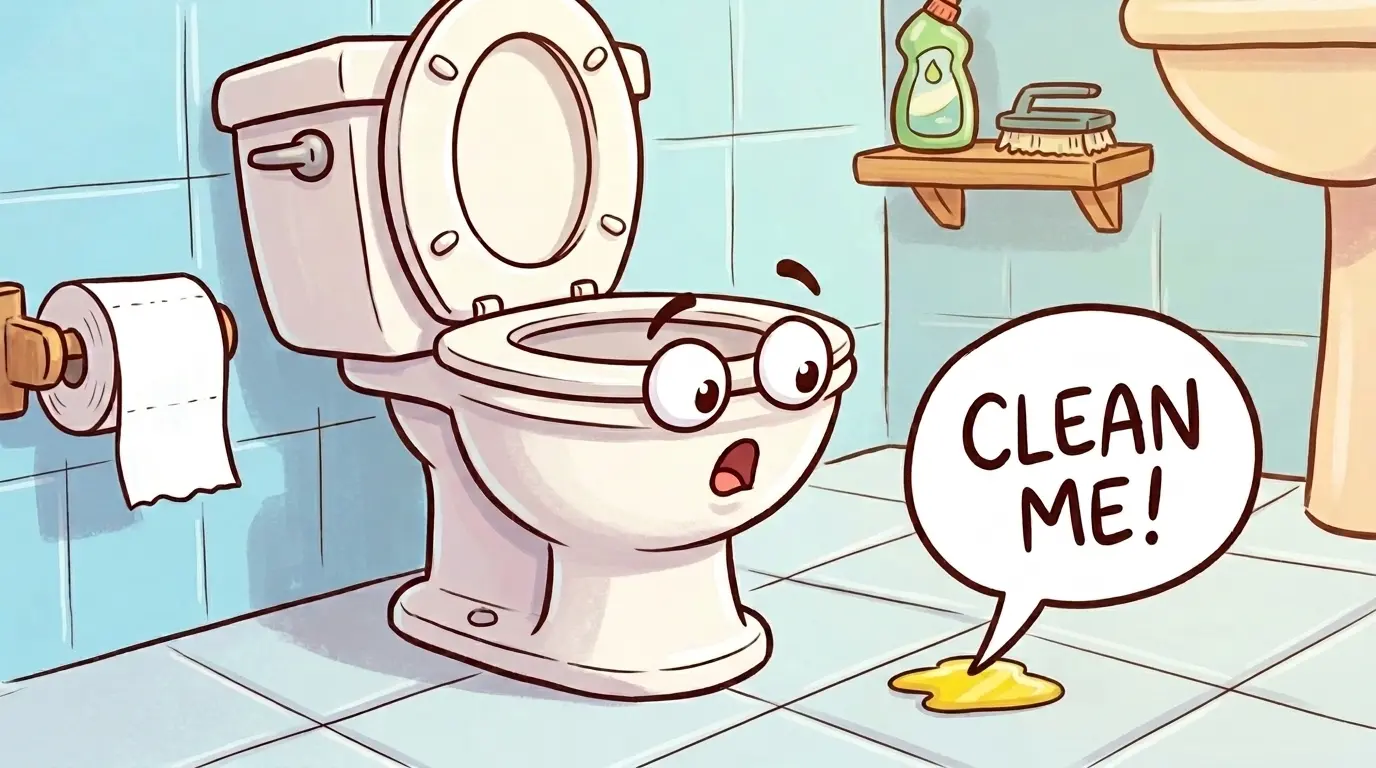 Cartoon toilet looking shocked at the urine in front of it. Urine says 'clean me'.