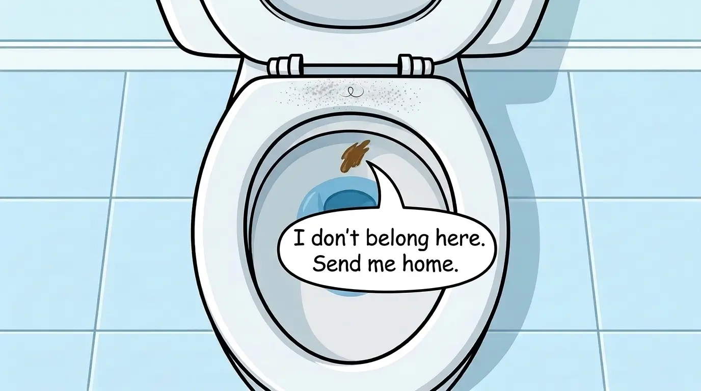 Cartoon toilet with skidmark saying ' i don't belong here'.