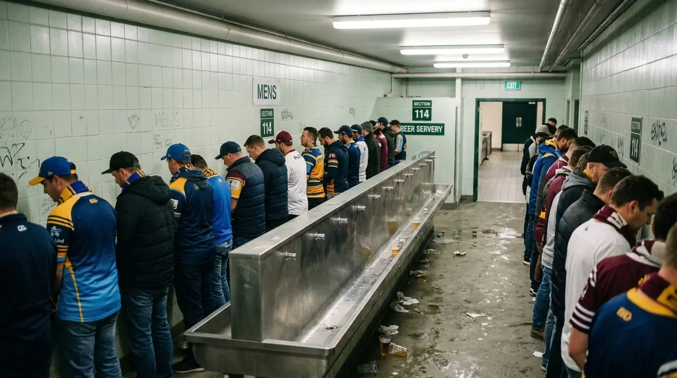 Guys standing shoulder to shoulder at a urinal. Bathroom is packed.