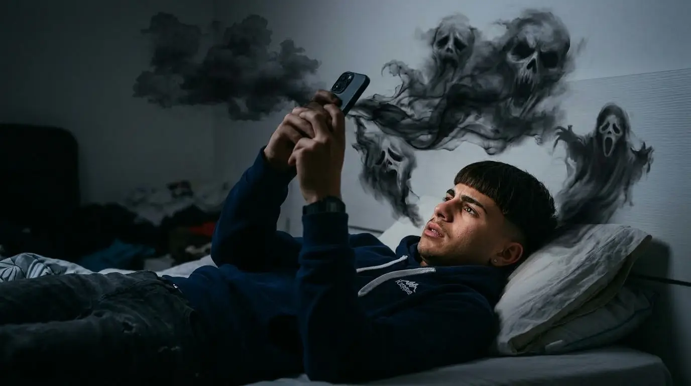 Tony is looking at negative content on his phone. Dark clouds come from his phone and surround his head.