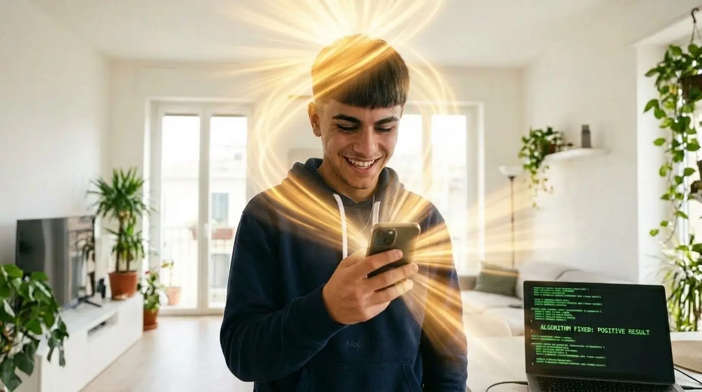 Tony is looking at positive content on his phone. He is smiling and beams of light are shooting from the phone.