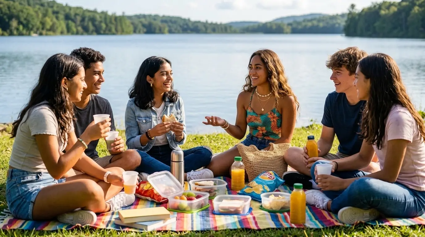 Teenagers_talking_laughing_at_lake_202607171037 Group of boys talking to girls at a picnic.