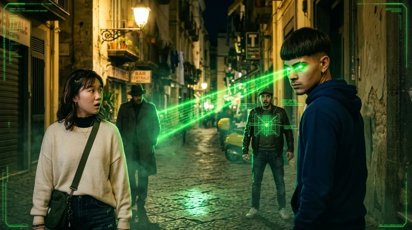 Tony and Jen walking down an alley. Tony has turned to stare at two men following them.