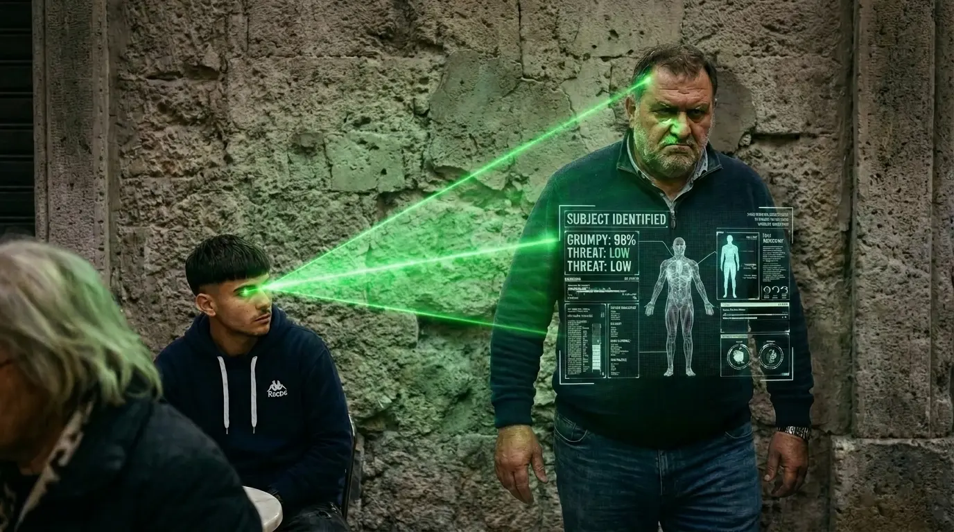Tony scanning man at cafe. Has his back to the wall.