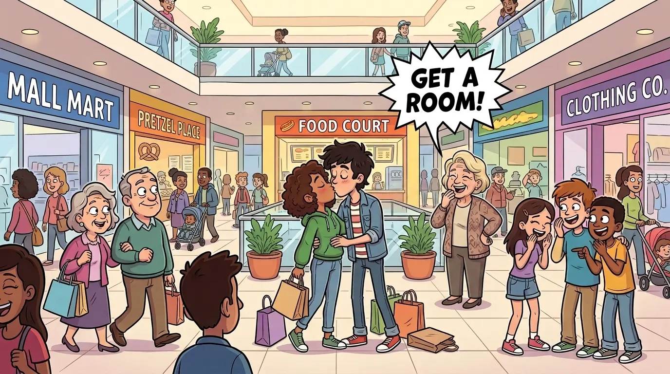 Two teens kissing at a mall. Old lady shouts 'get a room'.