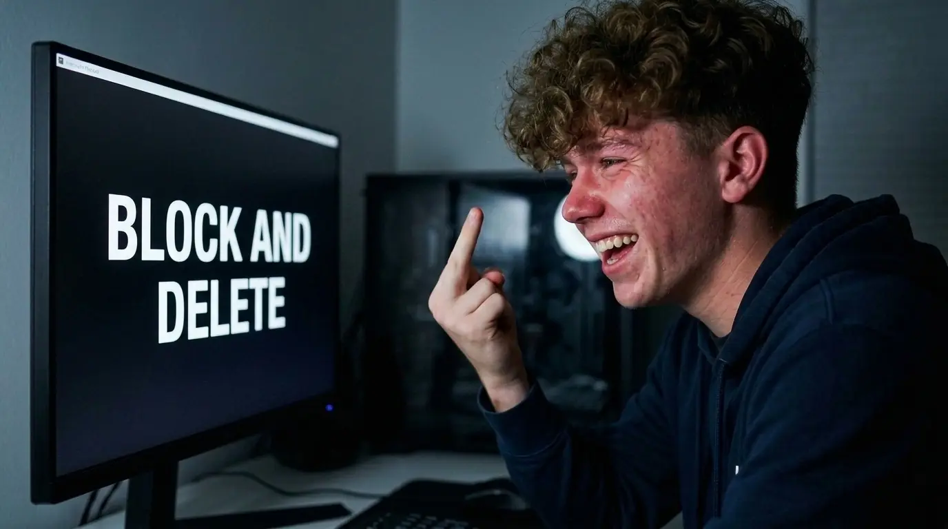block and delete Teen laughing as he blocks and deletes the hacker. Gives the finger.