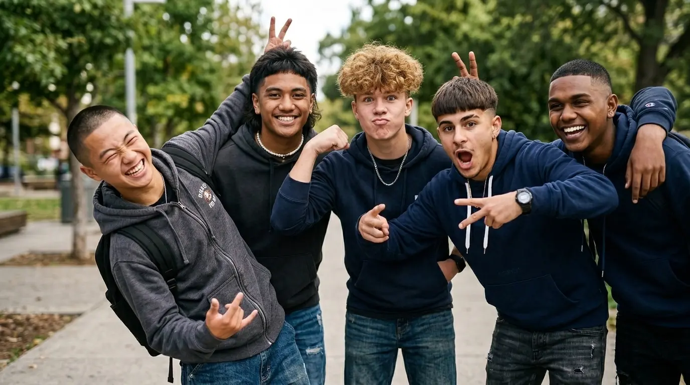 The wolfpack Group of teen guys making a funny photo pose.
